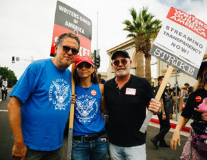 WGA-Negotiating-Committee-Co-Chair-David-A.-Goodman-with-members-Justin-Bateman-and-Matthew-Weiner-at-the-SAG-AFTRA-L.A.-Solidarity-rally-on-9-13-Photo-Brittany-Woodside.jpg